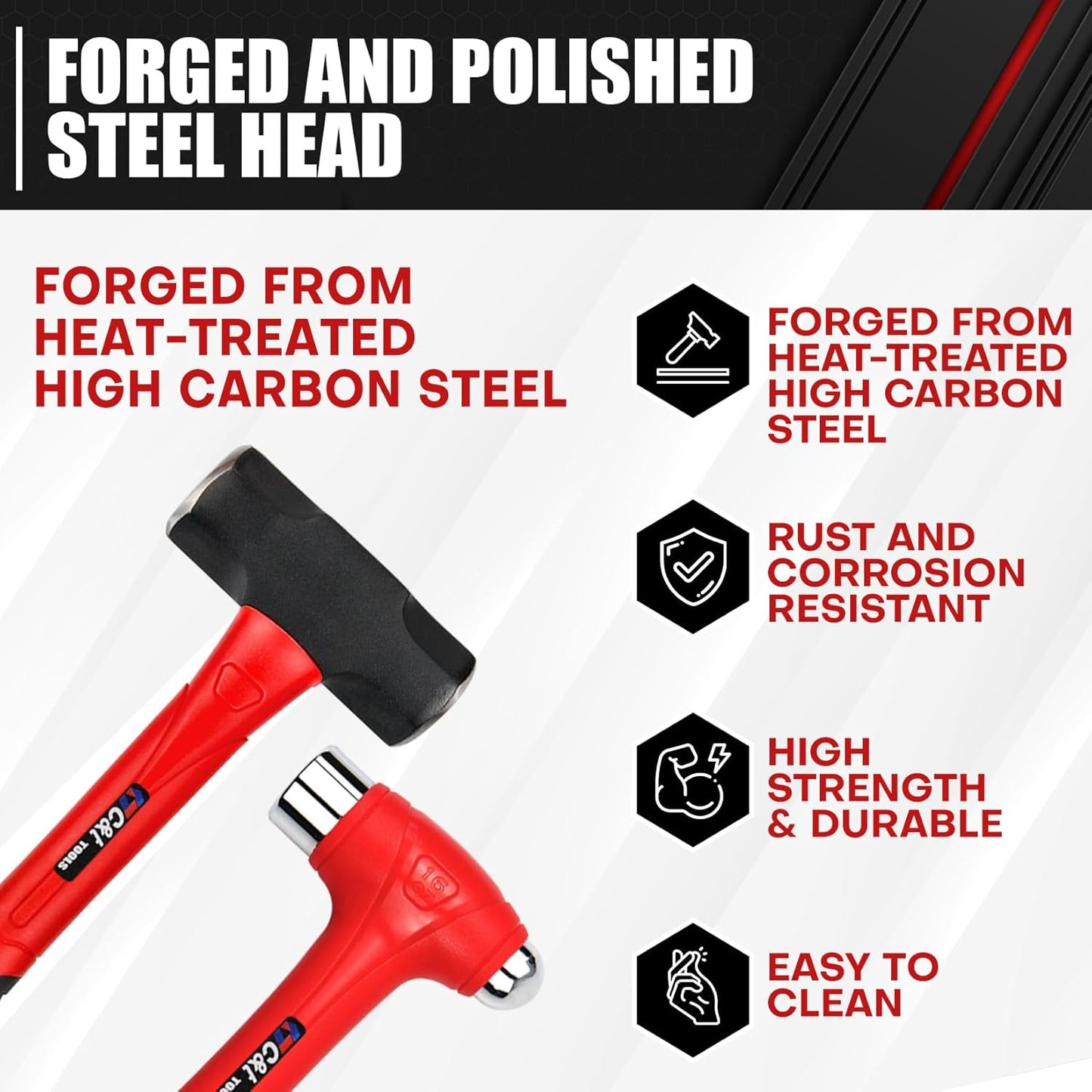 5-Piece Hammer Set with Fiberglass Handles | Ball Peen, Rubber Mallet & Sledge Hammers