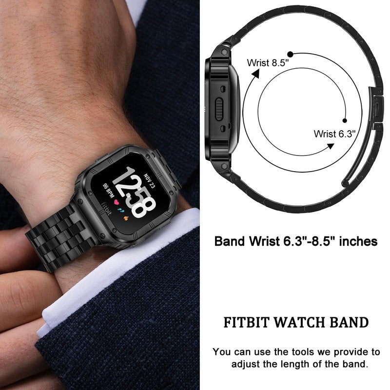 SUPLINK Stainless Steel Case & Band Compatible with Fitbit Versa 4/3/2 Bands, Protector Cover Strap for Fitbit Sense/Versa Lite Bands, Black