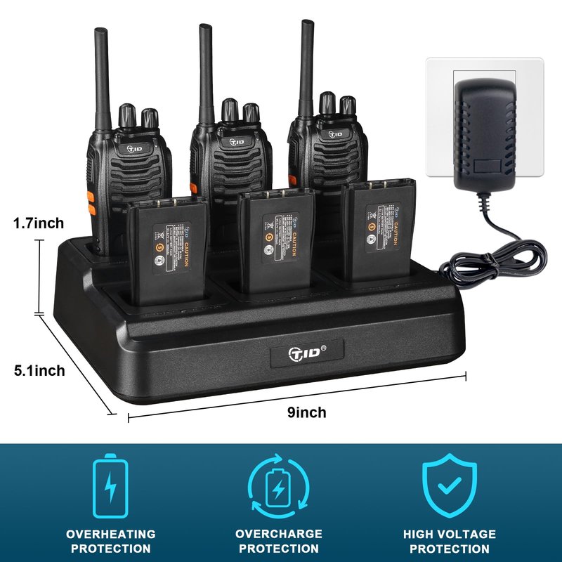 TIDRADIO Walkie Talkies Long Range Two Way Radios with 6-Way Multi Unit Charger, Acoustic Tube Headset & Mic, Hands Free VOX, Frequency Copy, Flashlight for Adults School Church Camping- TD-V2, 6 Pack