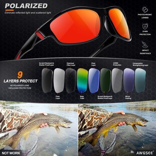 AWGSEE Polarized Sports Sunglasses for Men, UV400 Protection Lightweight Wrap Around Sun Glasses for Cycling Fishing Driving