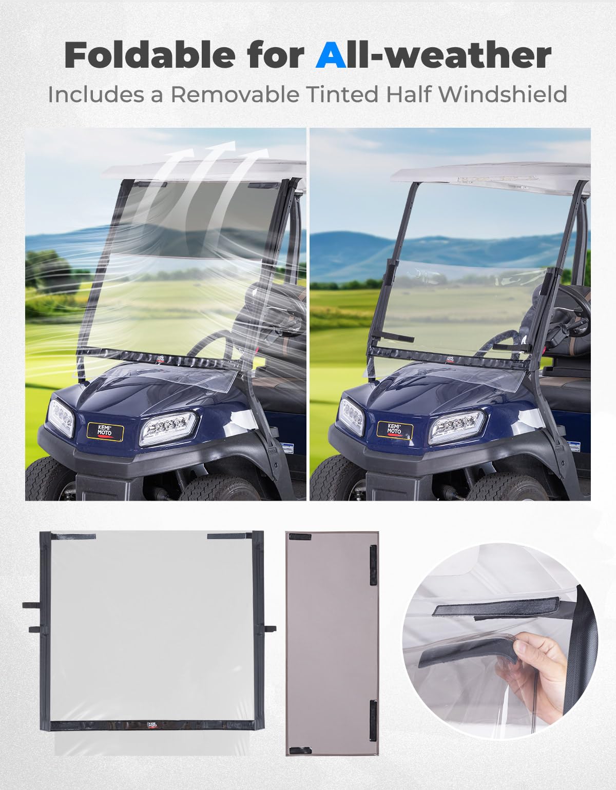 KEMIMOTO Foldable Golf Cart Windshield Compatible with Club Car DS, Tempo, Precedent - Portable, Lightweight, Roll-Up Design with Extra Tinted Half Windshield Included