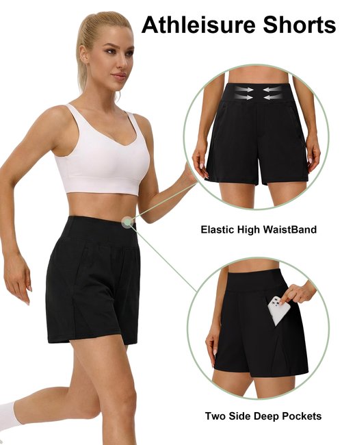 BMJL Womens Workout Shorts Gym Bermuda Golf Athletic Work High Waisted Casual Hiking Running Shorts with Pocket(L,Black)