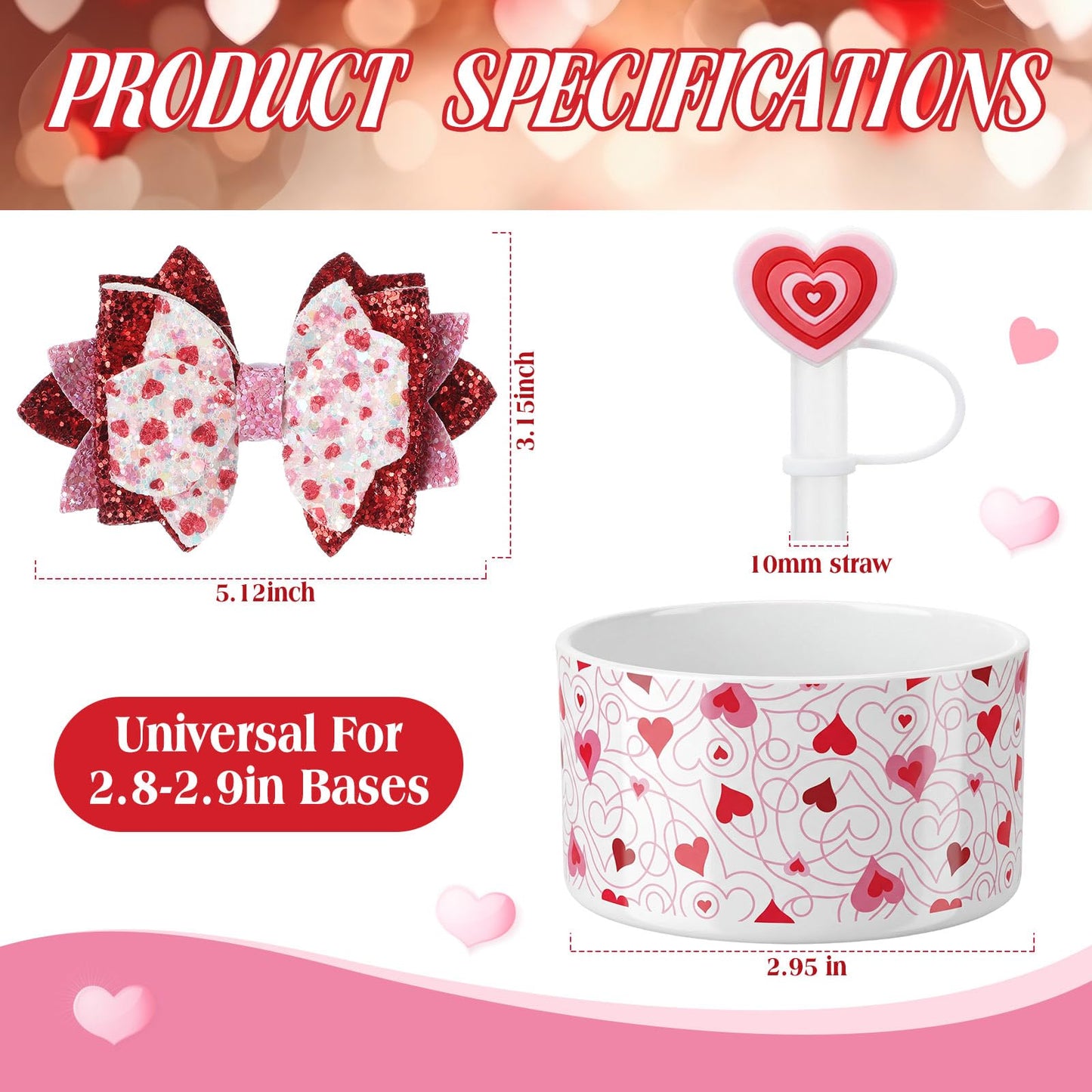 Yungyan 3 Pcs Mother's Day Cup Accessories Set Cup Accessories Heart Straw Cover Glitter Straw Bow Silicone Boot Mother's Gifts Women Gift Love Heart Tumbler Decorations