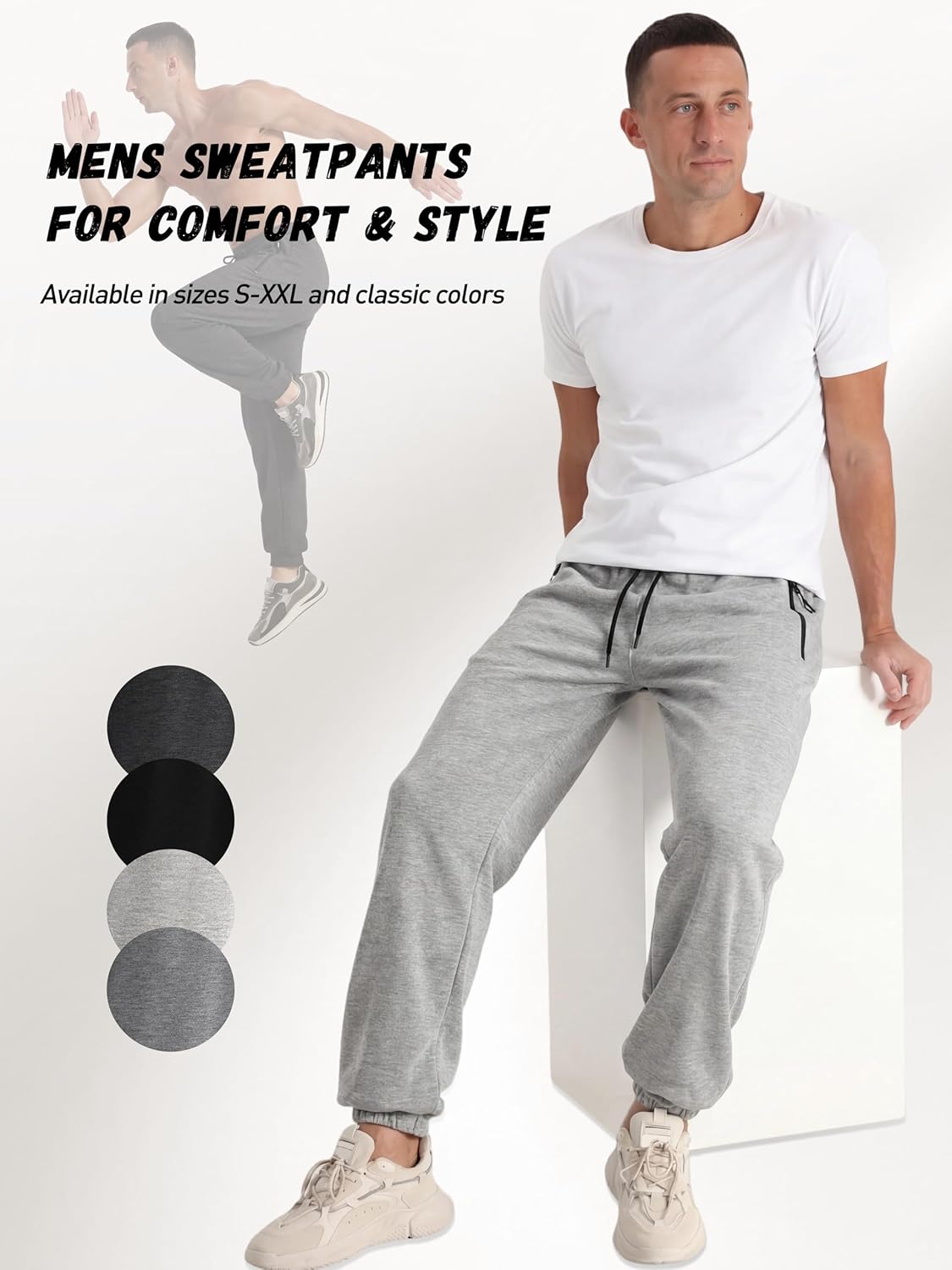 Skiennix Men's Athletic Joggers - 4 Pack Workout Sweatpants with Zipper Pocket & Drawstring