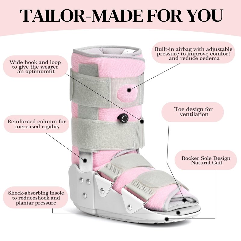 Medibot Medical Grade Fracture Boot - Adjustable Walking Cast for Foot & Ankle Injuries Secure Support for Broken Foot or Severe Sprain,Women's Medium,Grey & Light Pink,Fits women's Shoe Size 7-10''
