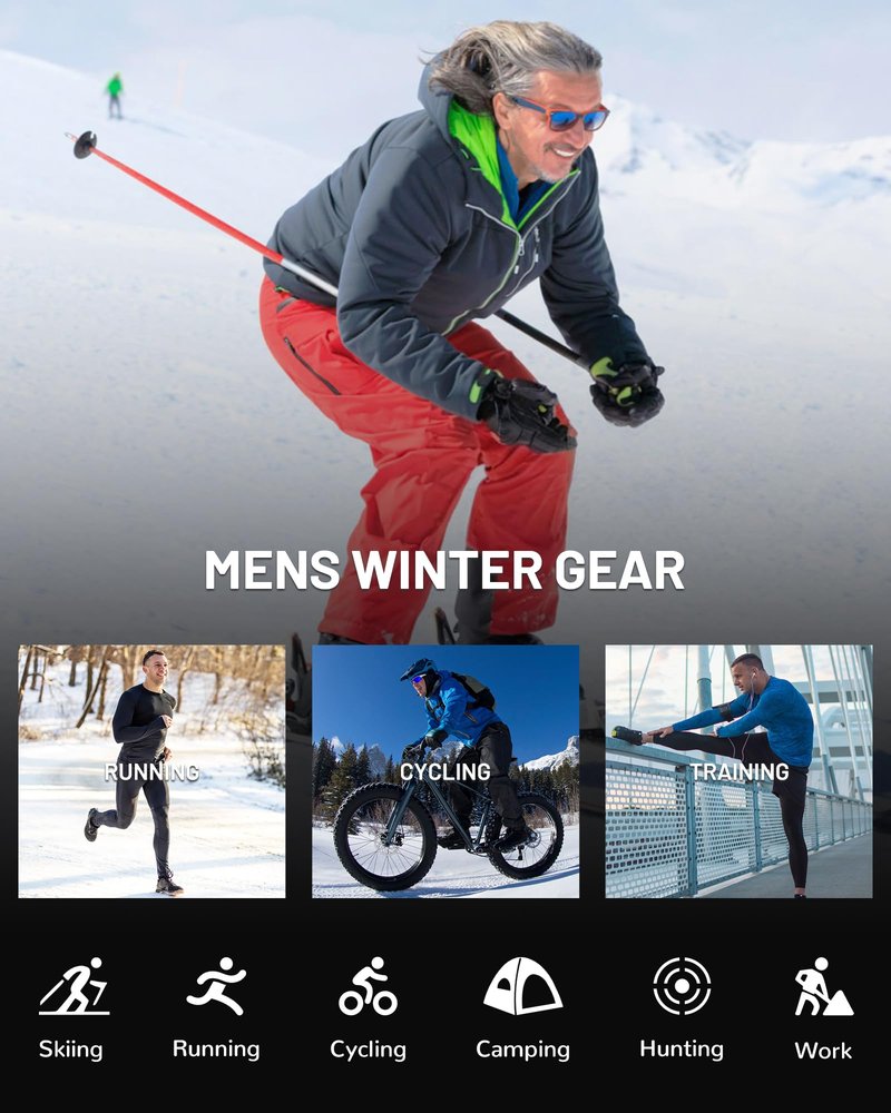 Runhit Thermal Underwear for Men Fleece Lined Long Johns Base Layer Top Bottom Set Cold Weather Gear Hunting Running Skiing Cycling Black M