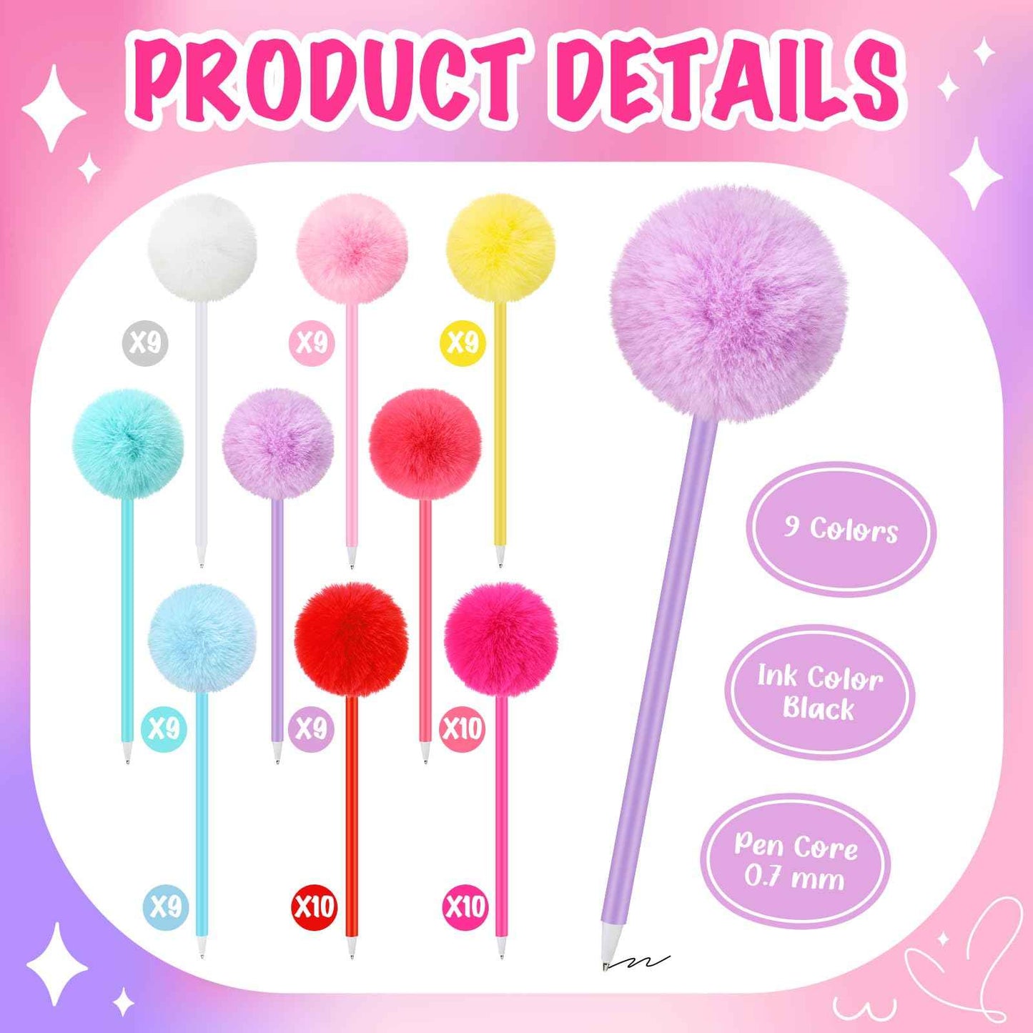 Epakh 84 Pcs Pompom Ballpoint Pen Fluffy Ball Cute Kawaii Plush Fuzzy Pen Black Gel Ink Macaron Color Ballpoint Pompom Gift for Office Women Coworkers (9 Colors)