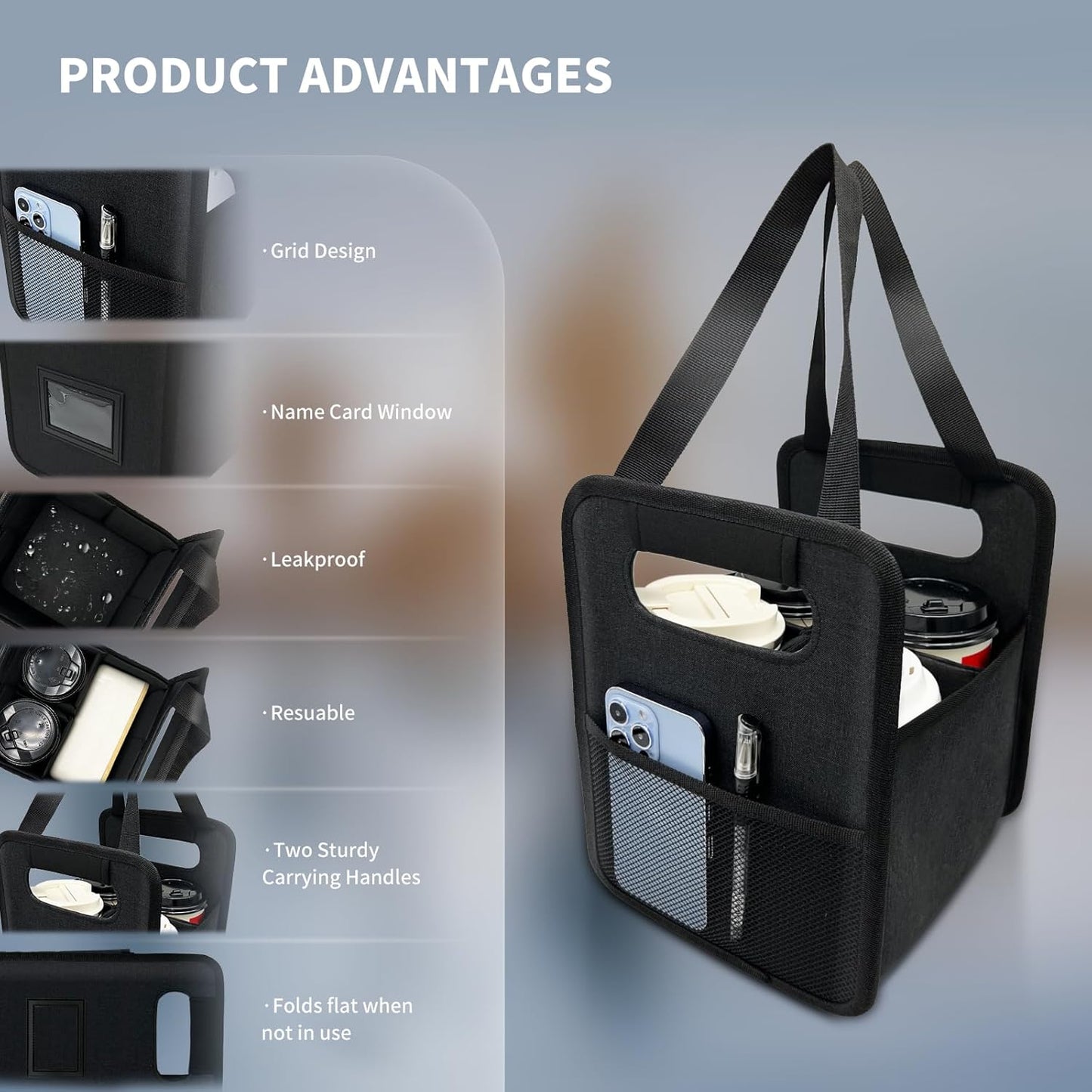 Skiennix Reusable 4-Cup Drink Carrier - Insulated Caddy with Adjustable Dividers | Foldable Coffee Holder (Black)