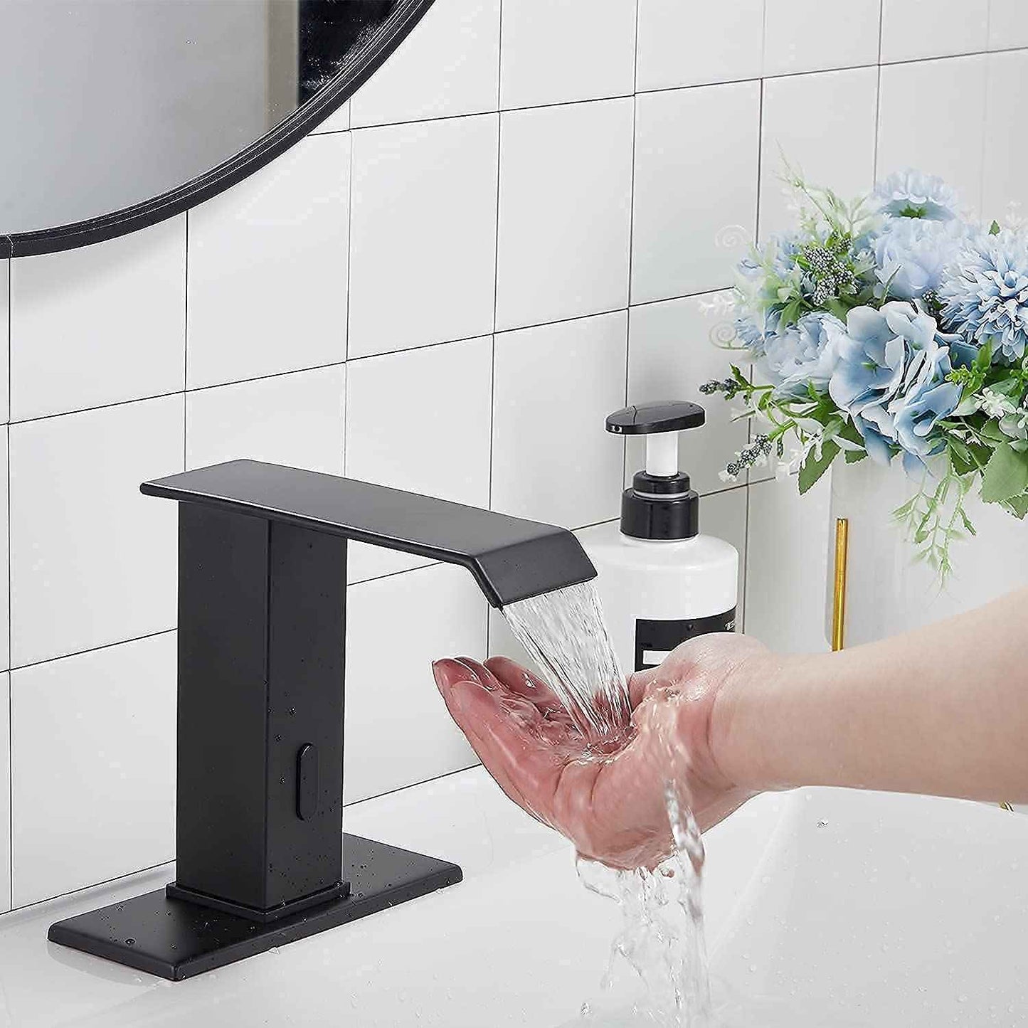 YBlucklly Automatic Sensor Touchless Waterfall Bathroom Sink Faucet with Control Box and Temperature Mixer DC Powered Sensor Hands Free Bathroom Tap Matte Black Vanity Faucets with Hole Cover Plate