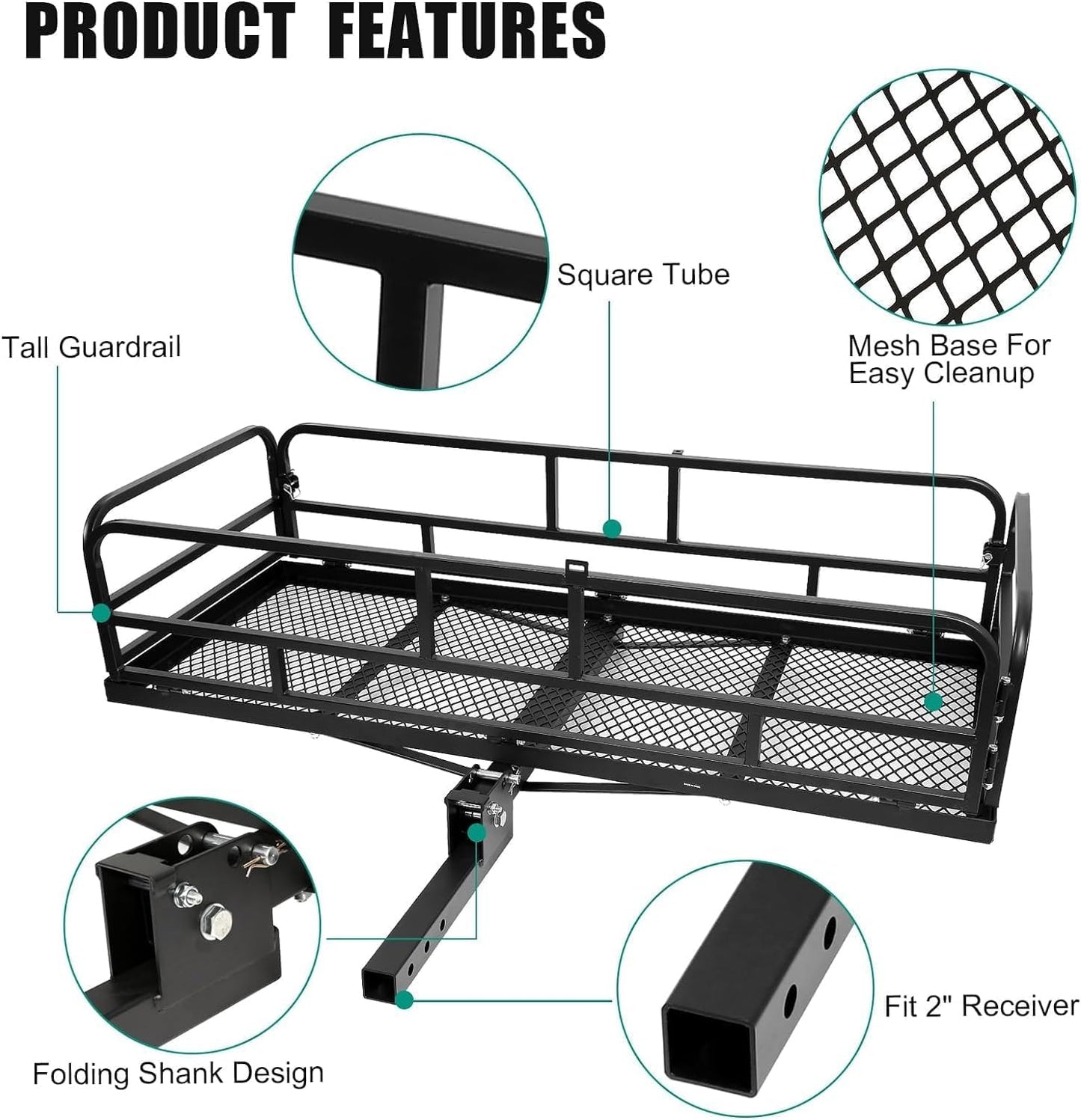OUTPRIZE Trailer Hitch Cargo Rack, 60 x 24 x 14 Inch Folding Hitch Mount Cargo Carrier with High Side Rails for RV Truck SUV Van, 500 lbs. Capacity, 2" Receiver, Black