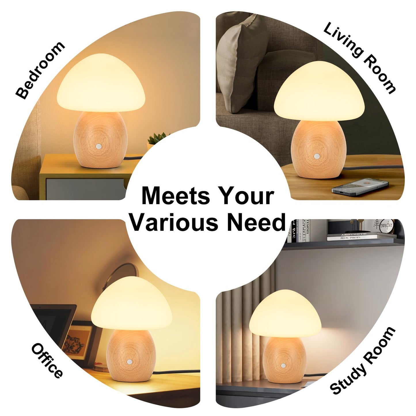 BNYFDC Mushroom Lamp with Touch Control Switch, Small Wooden Table Lamp with Glass Shade, 3 Way Dimmable Nightstand Lamp for Bedroom, G9 LED Bulb Included (Nature Wood&White Shade)