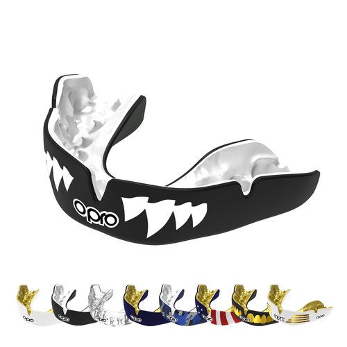 OPRO Instant Custom-Fit Mouth Guard, Dentist-Level Comfort, Protection & Fit - Moldable Mouthguard for Football, Boxing, Rugby, MMA, BJJ, UFC Mouth Piece- Includes Mouth Guard Case (Black Jaws, Adult)