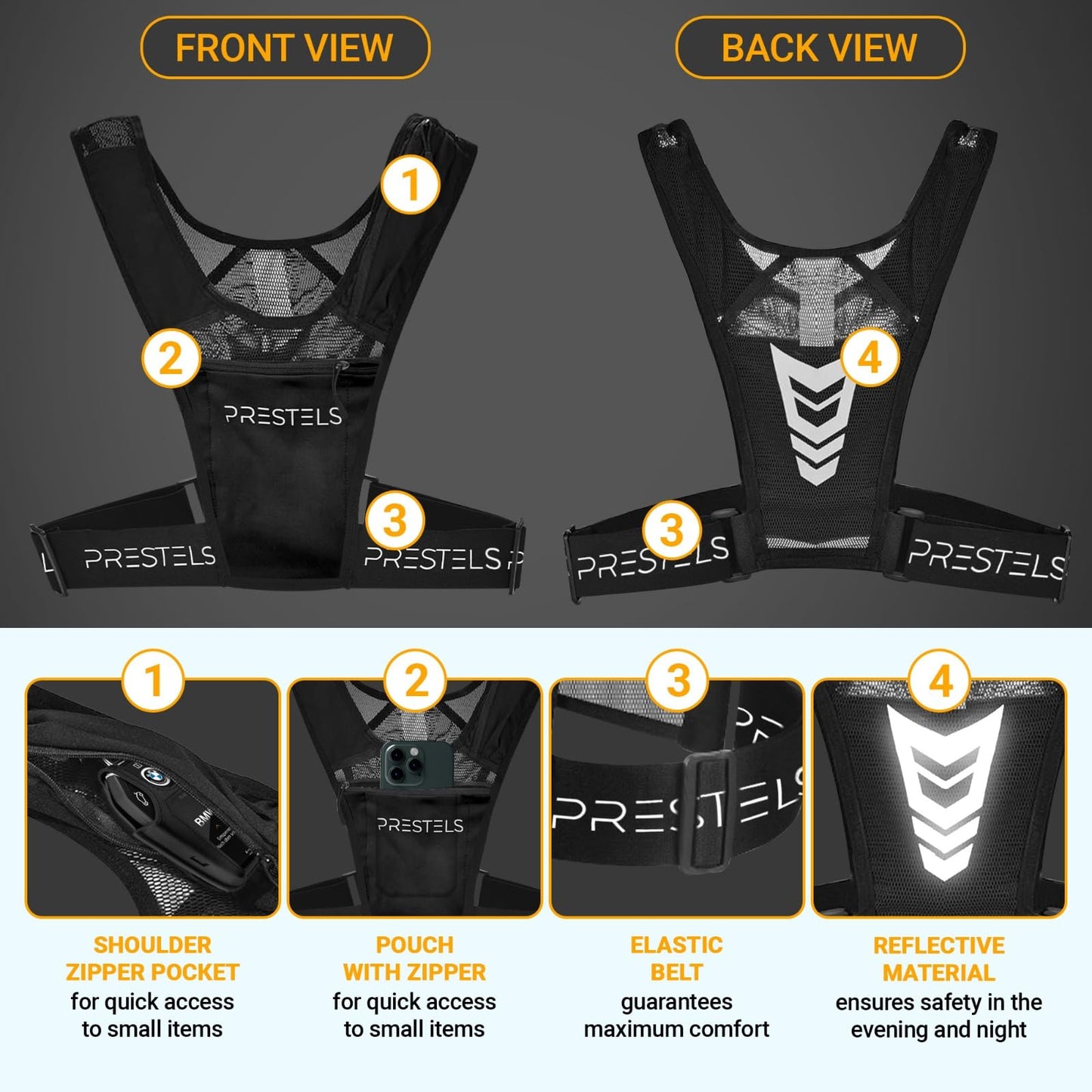 PRESTELS Running Vest Phone Holder for Men & Women, Reflective Running Chest Pack, Adjustable Breathable Vest with Multiple Pockets for Phone, Water Bottle, Keys & Essentials