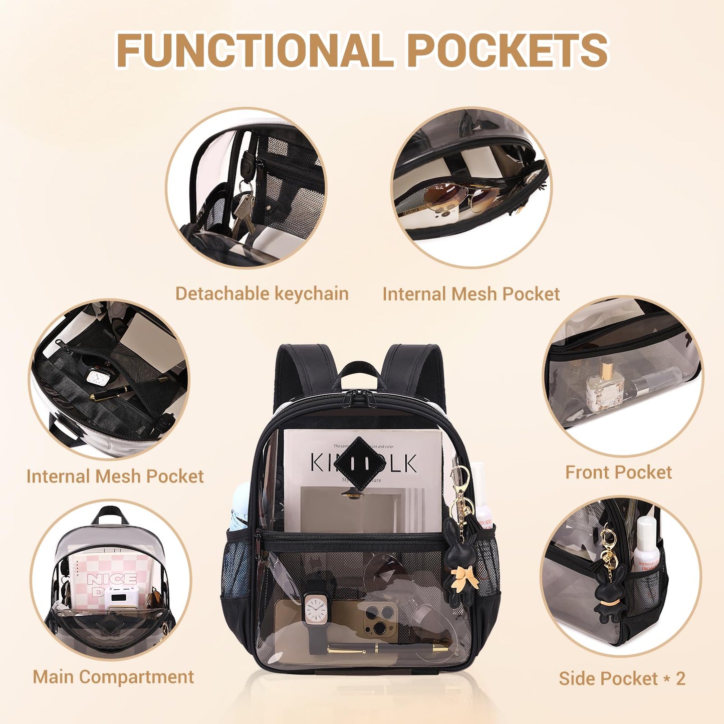 MUSEVOS Clear Backpack for Stadium Events Approved 12×6×12, Thick TPU Mini Clear Bag with Front Pocket for Concert Sport Events Work Travel, Black