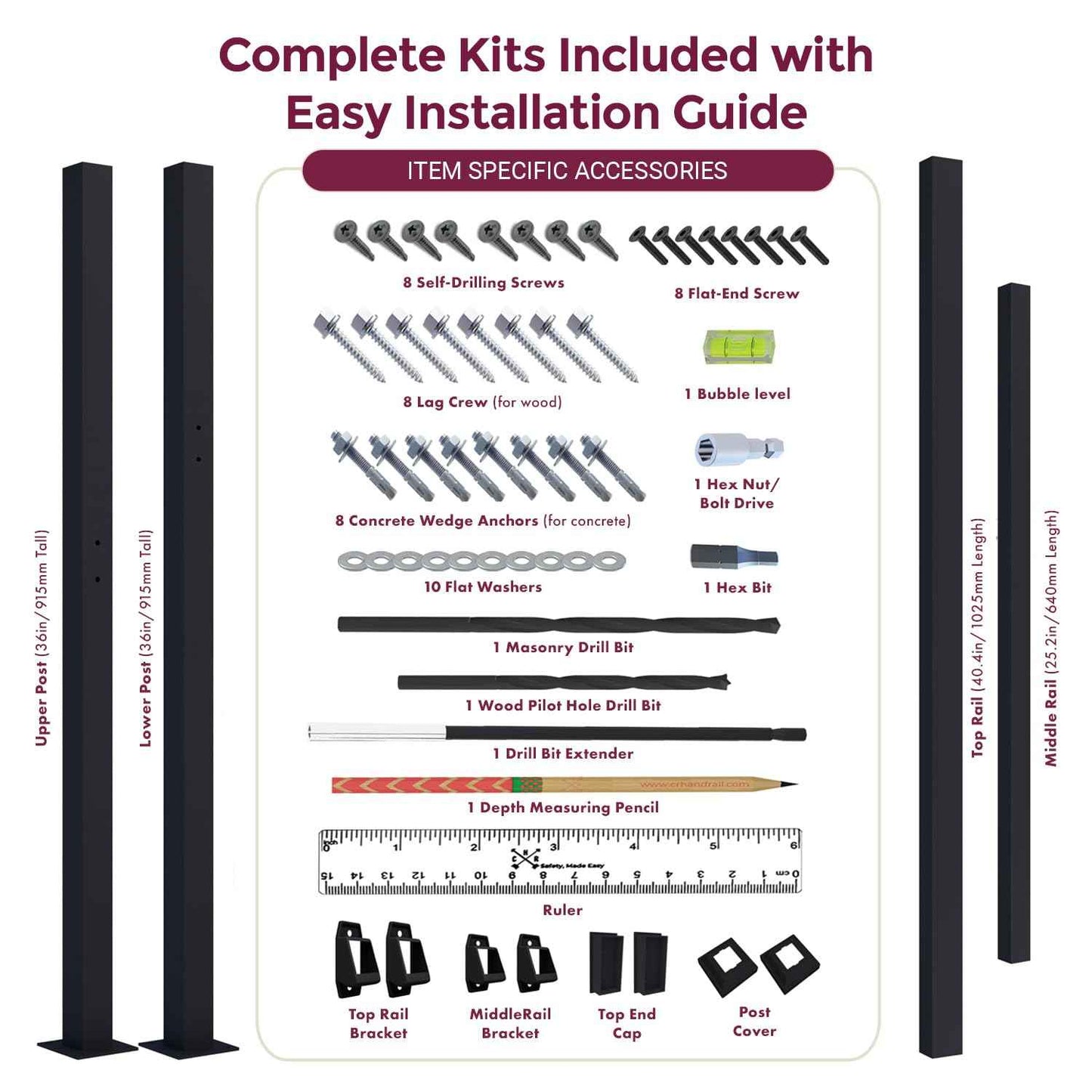 CR Fence & Rail 2-3 Step Stair Handrail, for Indoor & Outdoor Installation, with 40" Top Rail, Perfect for Porch, Deck, and Balcony