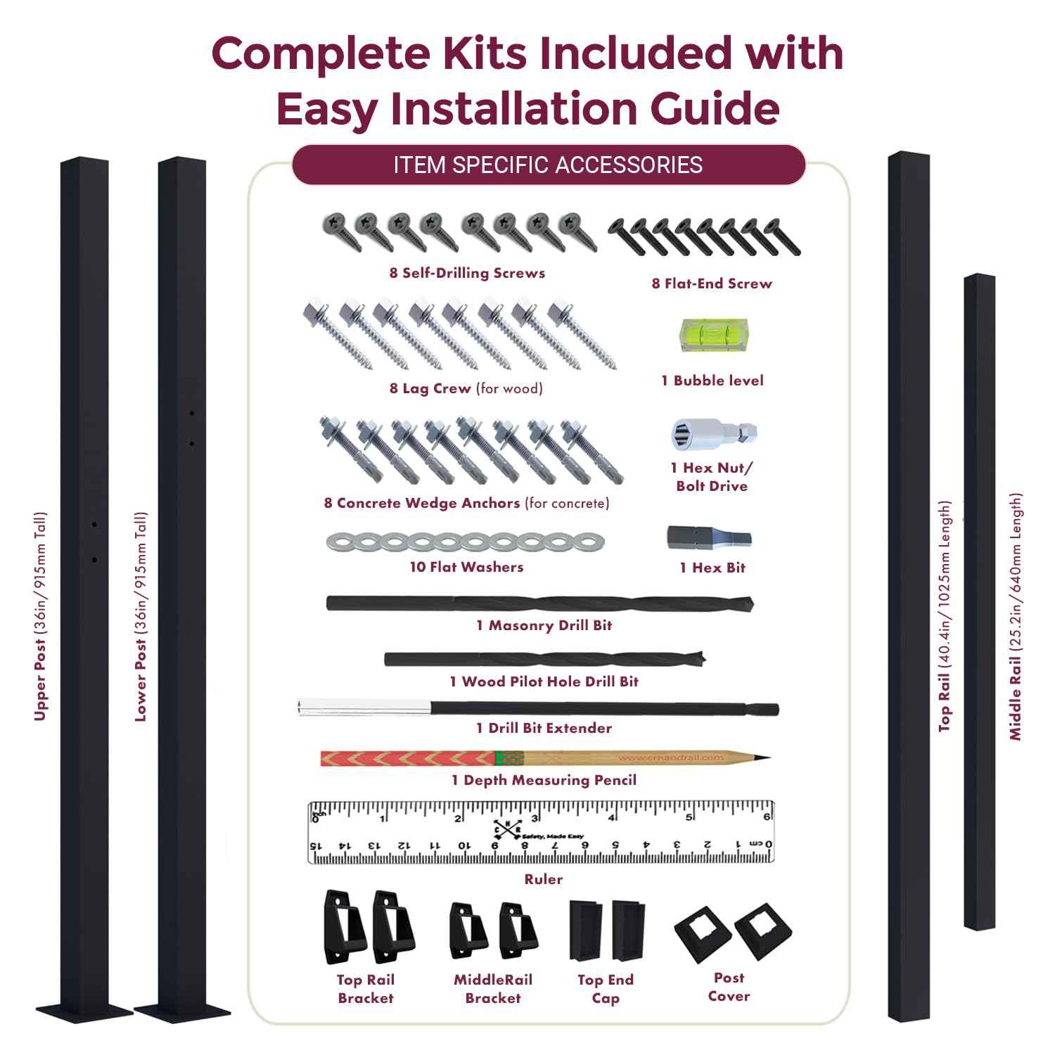 CR Fence & Rail 2-3 Step Stair Handrail, for Indoor & Outdoor Installation, with 40" Top Rail, Perfect for Porch, Deck, and Balcony