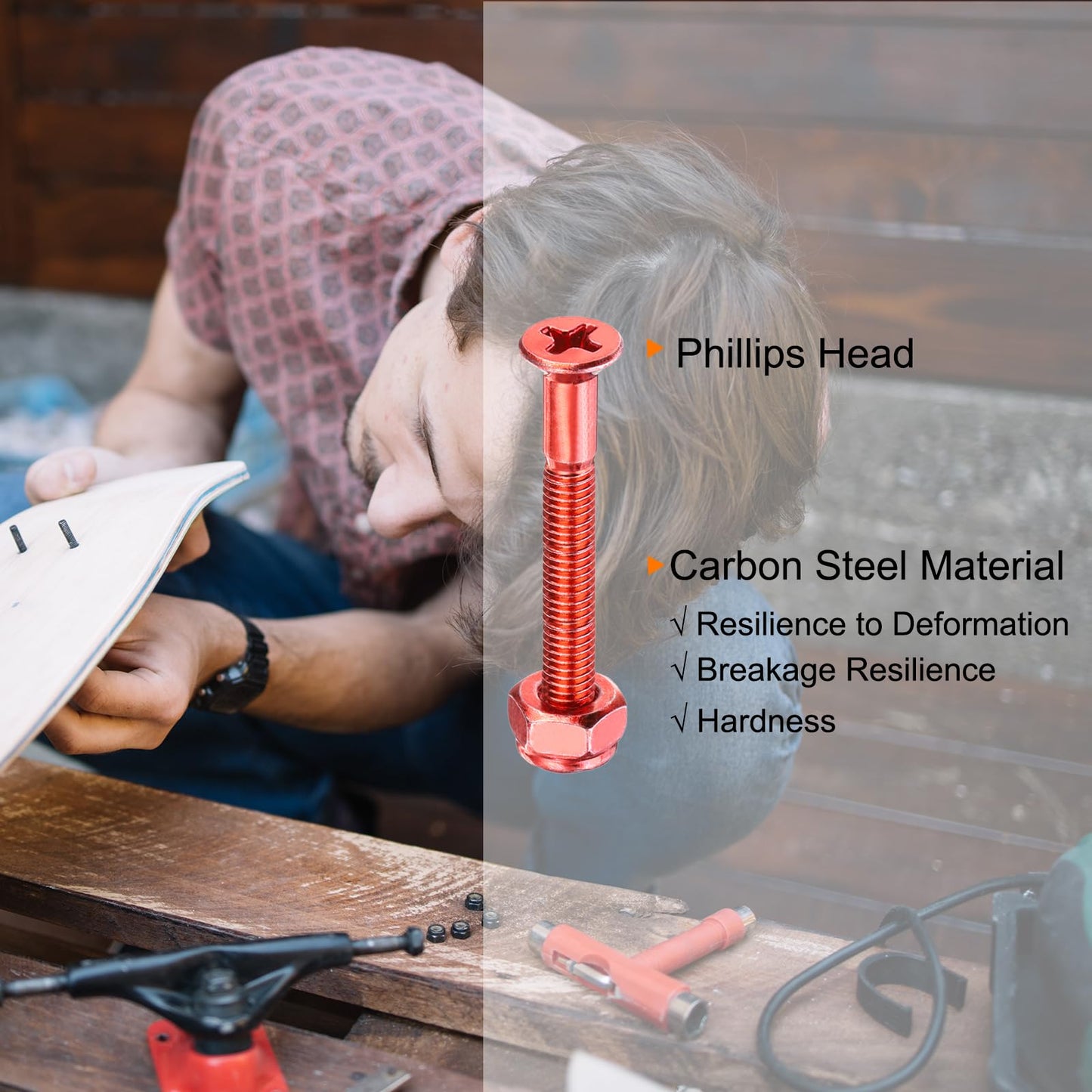 PATIKIL Skateboard Mounting Hardware 1.75", 8pcs Carbon Steel Skateboard Screws Bolts&Nuts Flat Head for Cruiser, Red
