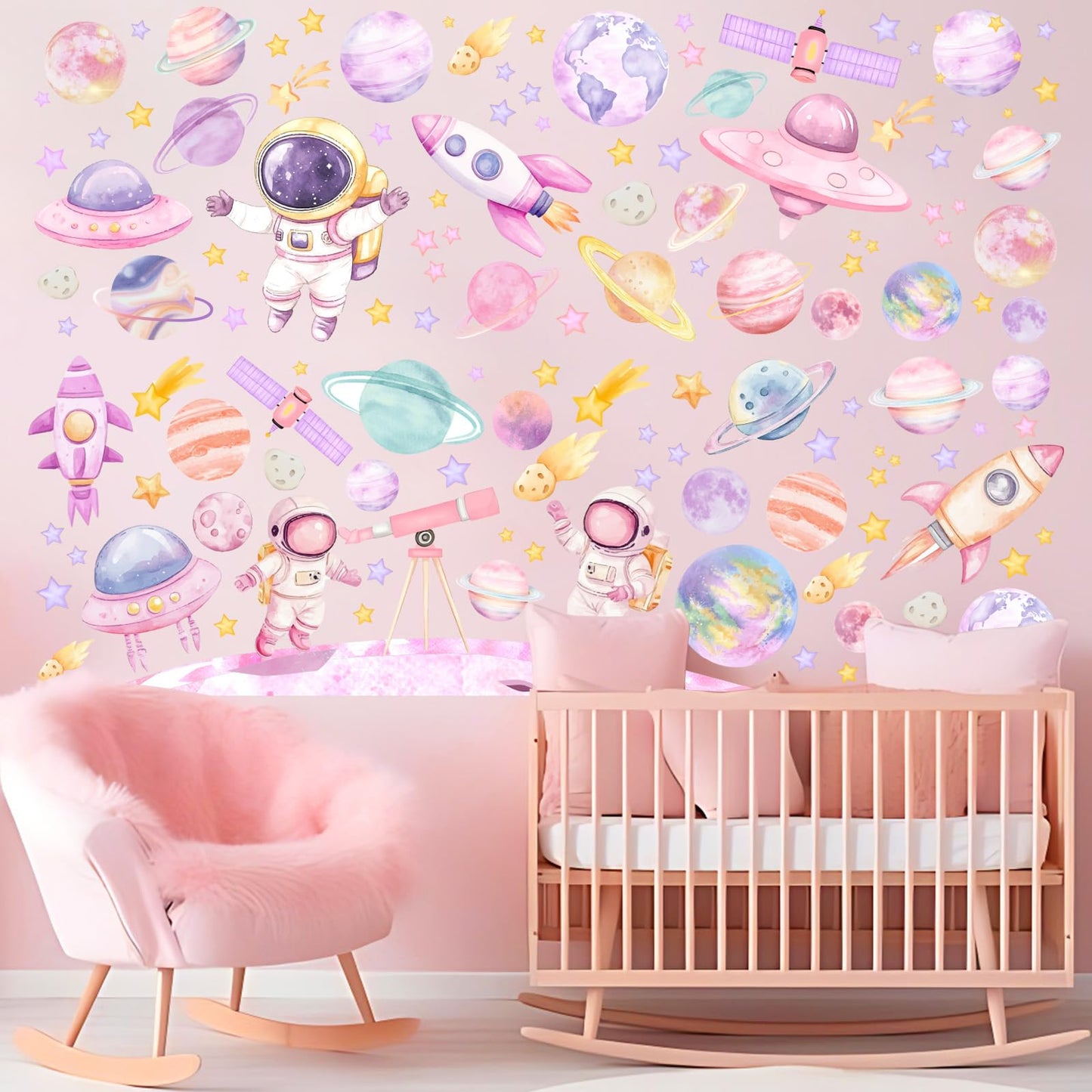 Kreatwow 2pcs Outer Space Wall Stickers for Girl Outer Space Wall Decorations Pink Astronaut Planet Decal Solar System Birthday Decoration Galaxy Rocket Cling Sticker Galaxy Astronaut Party Home Decor