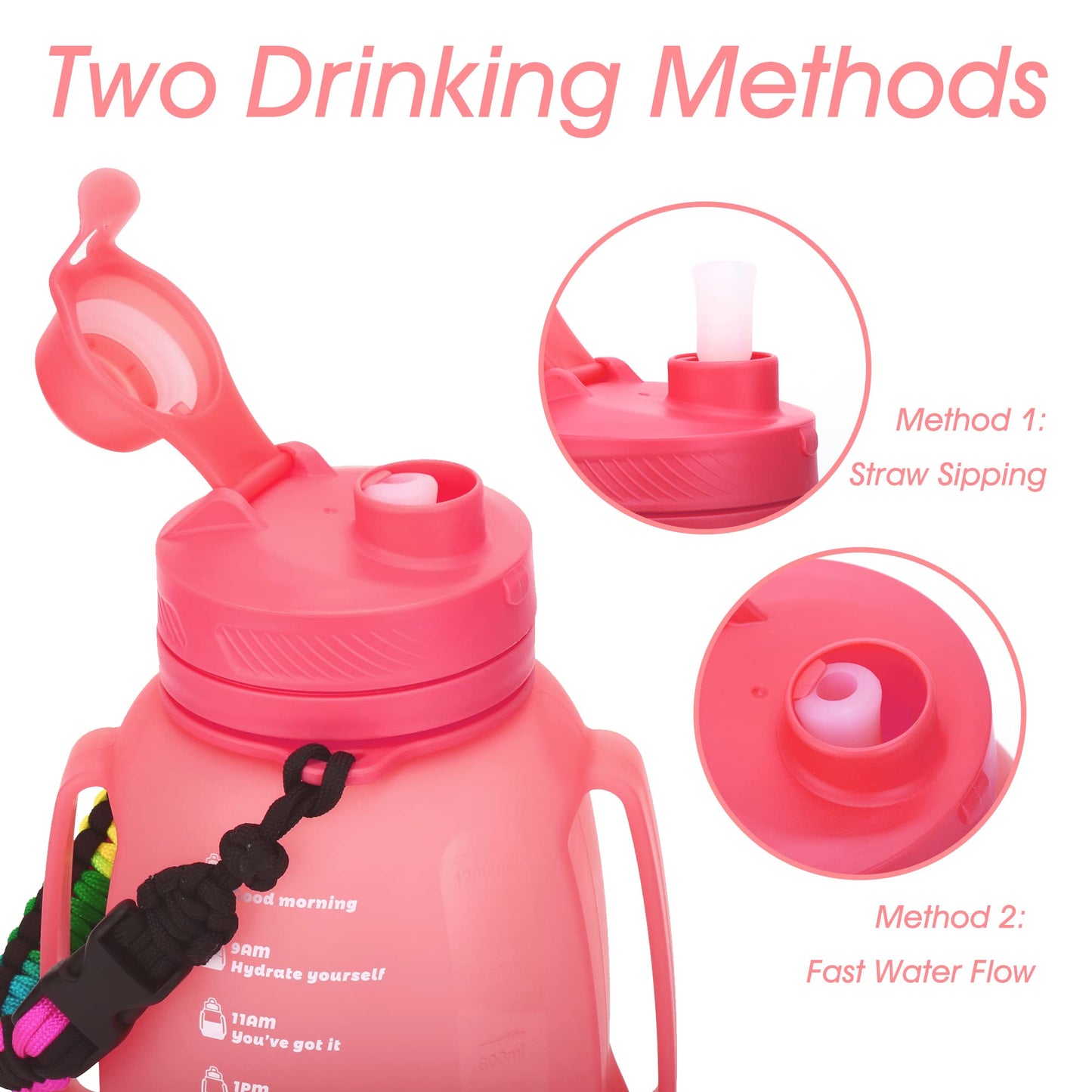 TakeToday 40 OZ Gallon Motivational Collapsible Water Bottles with Straw and Paracord Handle 1.2L Silicone Sports Water Bottle with Time Marker for Yoga Camping Outdoors