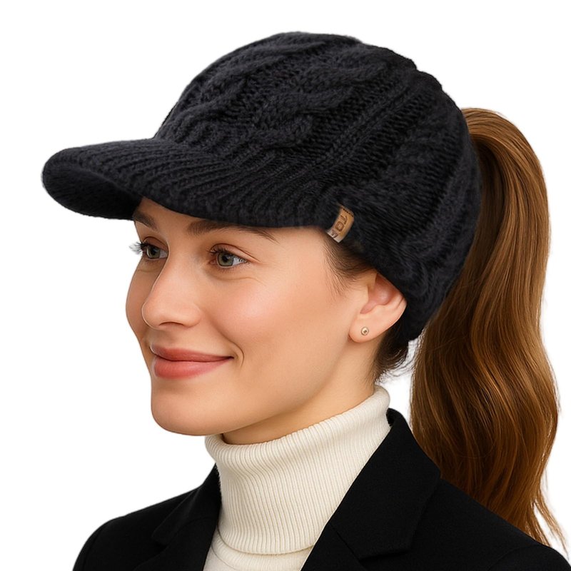 Womens Winter 3 Openings Ponytail Visor Brim Bill Beanie Hat Fleece Lined Merino Wool Warm Cable Knit Cap Bun Hole Cold Weather Black