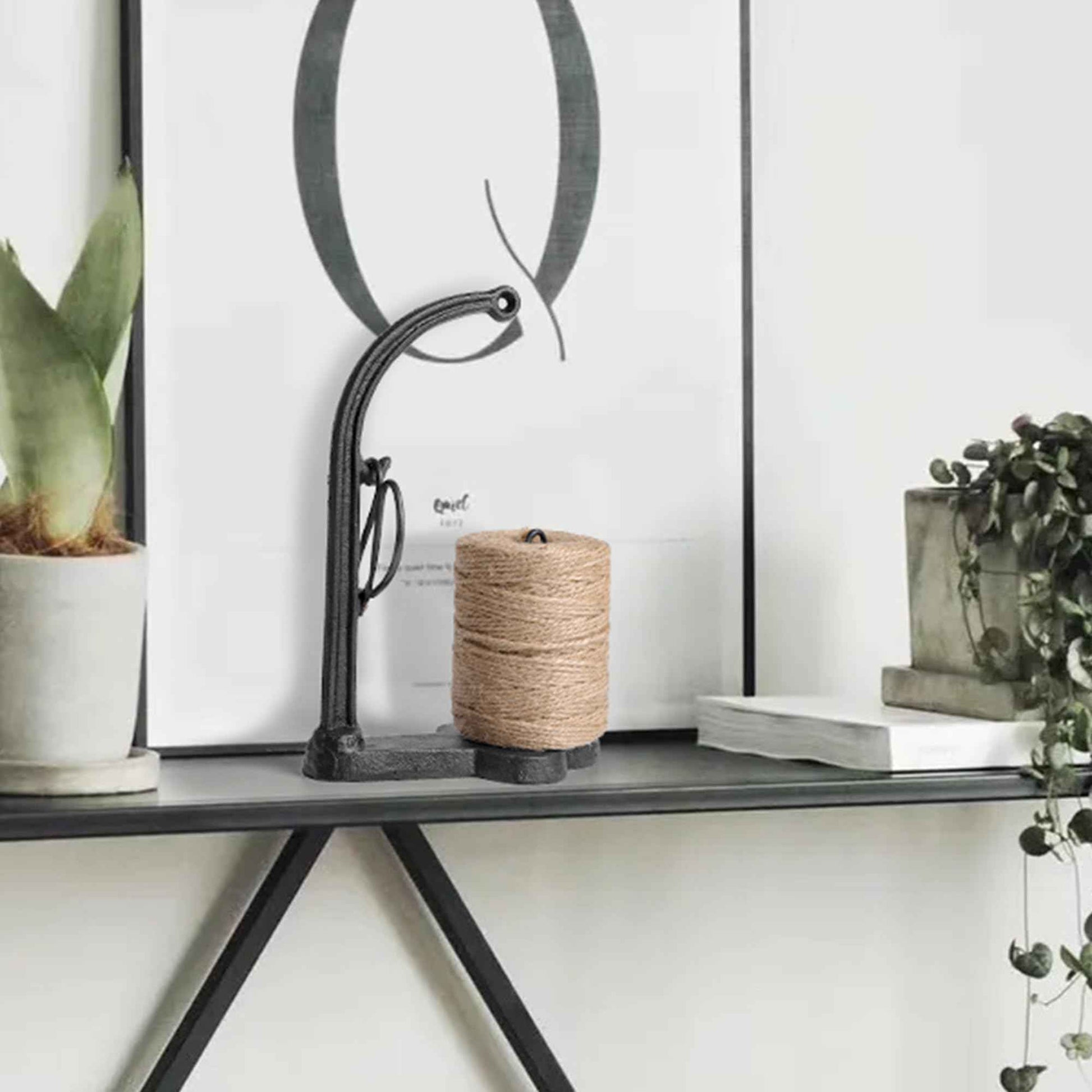 Vintage Style Cast Iron Twine and Shears Set Twine Holder with Scissors and Jute Twine Roll for Crafting, Gardening, Kitchen, Gift Wrapping, Black