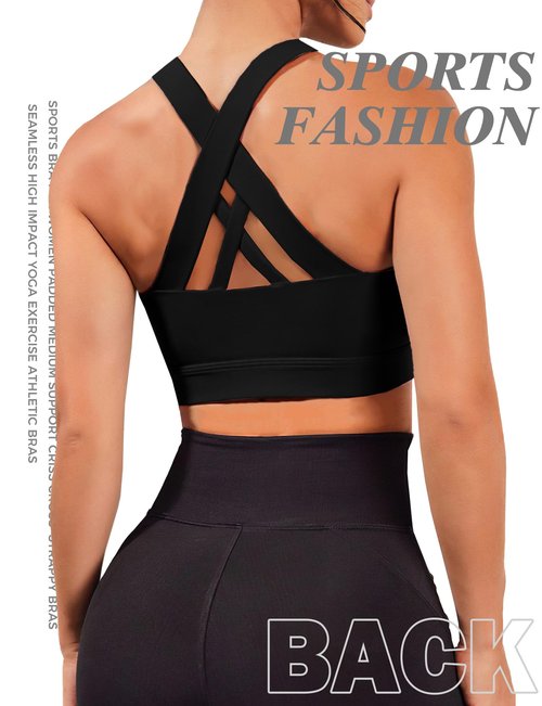 Buauty 2 Packs Sports Bras for Women, High Impact Yoga Workout Bra, High Support Criss-Cross Back Bras for Large Bust, Wireless Padded Athletic Strappy Racerback Sports Bra, Black+White L