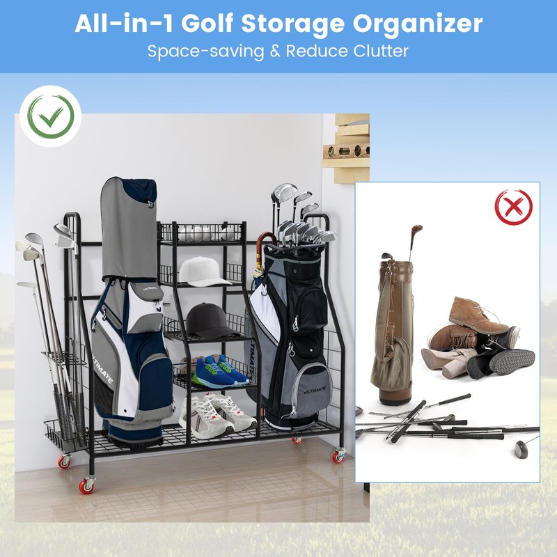 Tangkula Golf Bag Storage Rack for Garage, Heavy Duty Metal Double Golf Bag Storage Rack with Removable Golf Club Stand, Shelves & Lockable Wheels, Extra Large Golf Equipment Organizer for Garage