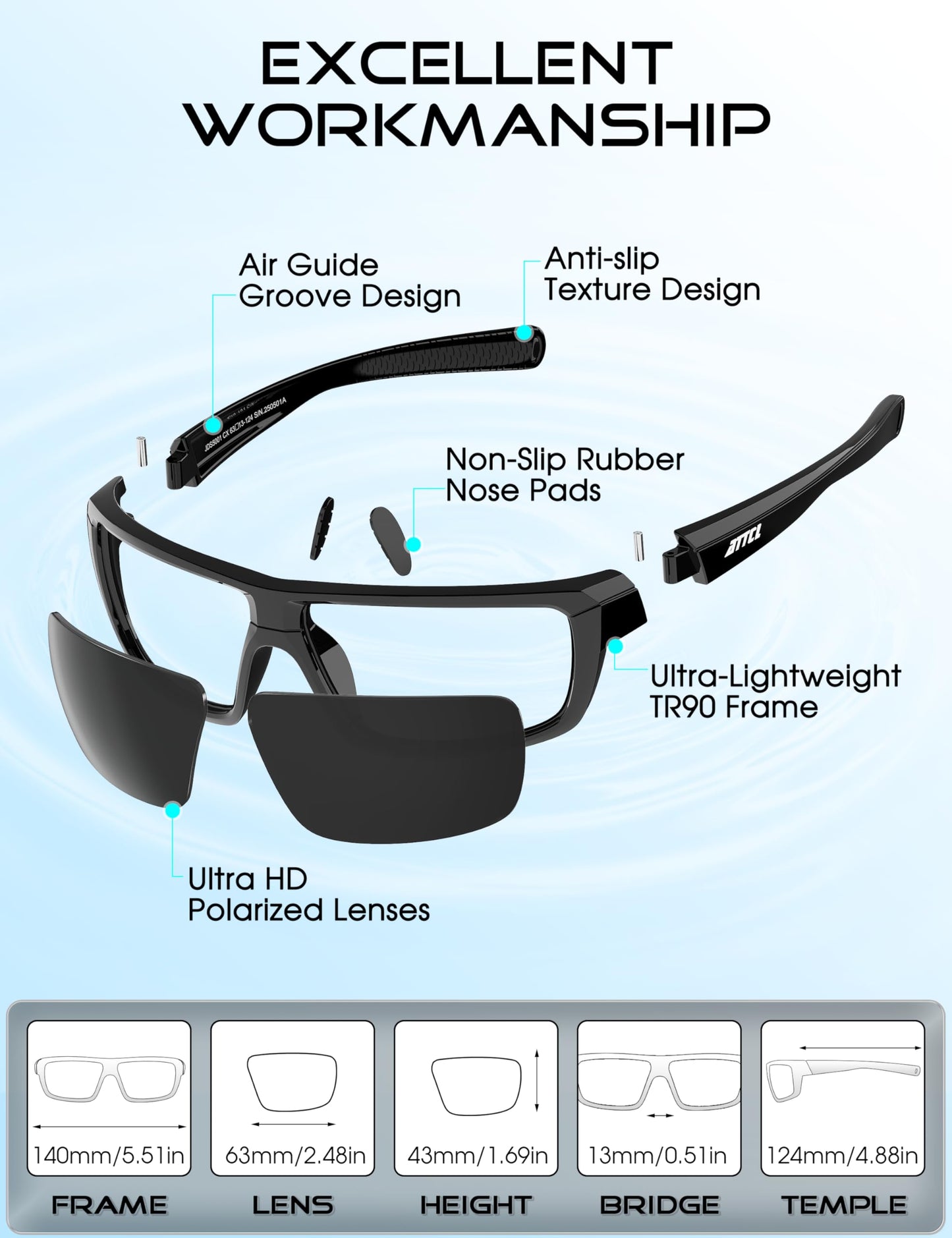 ATTCL Polarized Sunglasses Men for Fishing: UV Protection Lightweight TR90 Sports Wrap Sun Glasses Driving Golf Cycling Running 5001 Black