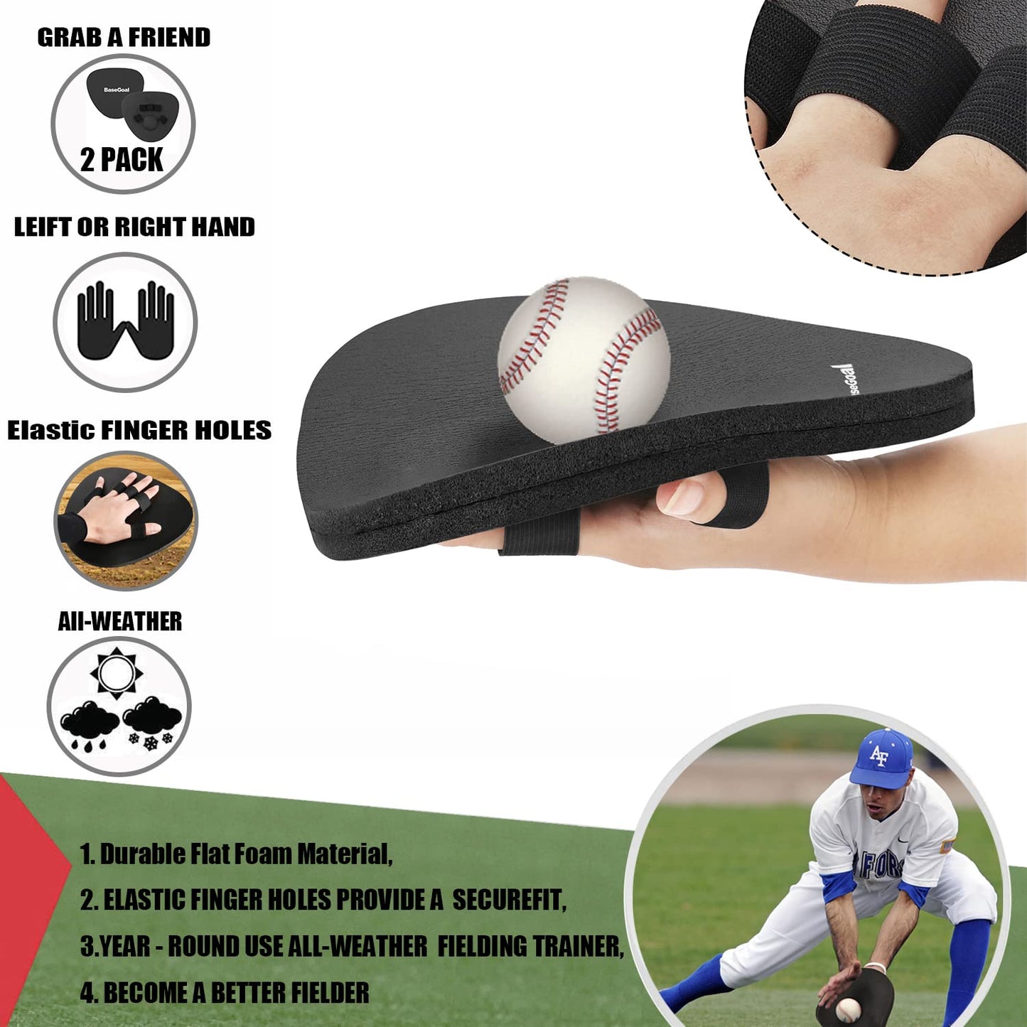 BaseGoal Softhands Foam Fielding Trainer Quik Hands Batting Baseball Infield Practice Two-Hands,2 Packs (Black)