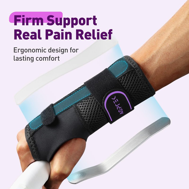 AGPTEK Carpal Tunnel Wrist Brace for Men Women, Night Sleeping Wrist Support with 2 Splints, Pain Relief Hand Brace for Arthritis Sprains Tendonitis, Adjustable Wrist Splint for Right Hand (S/M, Black & Purple)