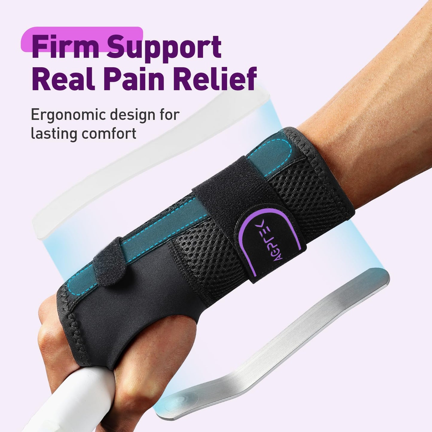 AGPTEK Carpal Tunnel Wrist Brace for Men Women, Night Sleeping Wrist Support with 2 Splints, Pain Relief Hand Brace for Arthritis Sprains Tendonitis, Adjustable Wrist Splint for Right Hand (S/M, Black & Purple)