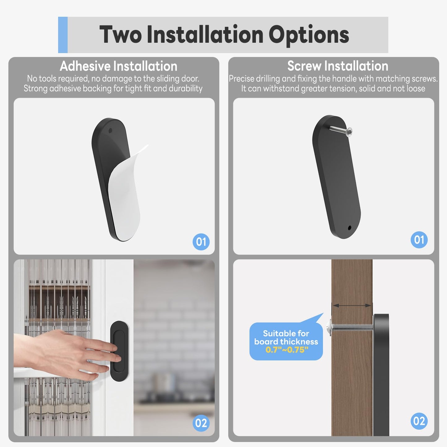 YogePote 2 Pack Self Stick Sliding Door Handles, Aluminum Alloy 4 Inch Self Adhesive Cabinet Knobs for Push-Pull Glass Barn Doors, Closets, Wardrobes, Windows (2, Black)