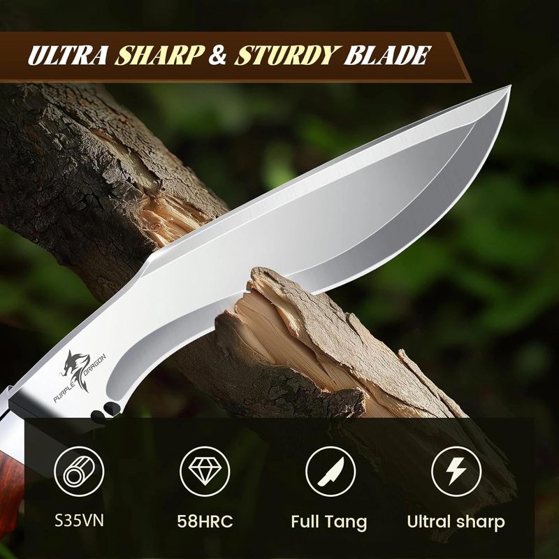 Purple Dragon Kukri Fixed Blade Knife With Sheath, 8 Inch Full Tang Heavy Duty Camping Knives - Christmas Gift for Men and Women