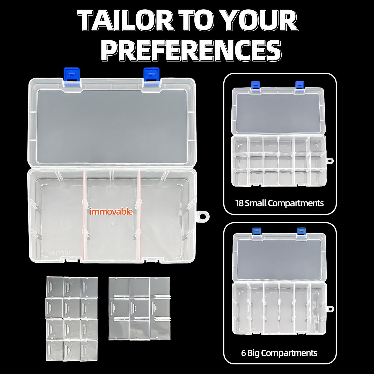 DUOFIRE Plastic Organizer Storage Box, Adjustable Divider 18 Grids, 2 Pack