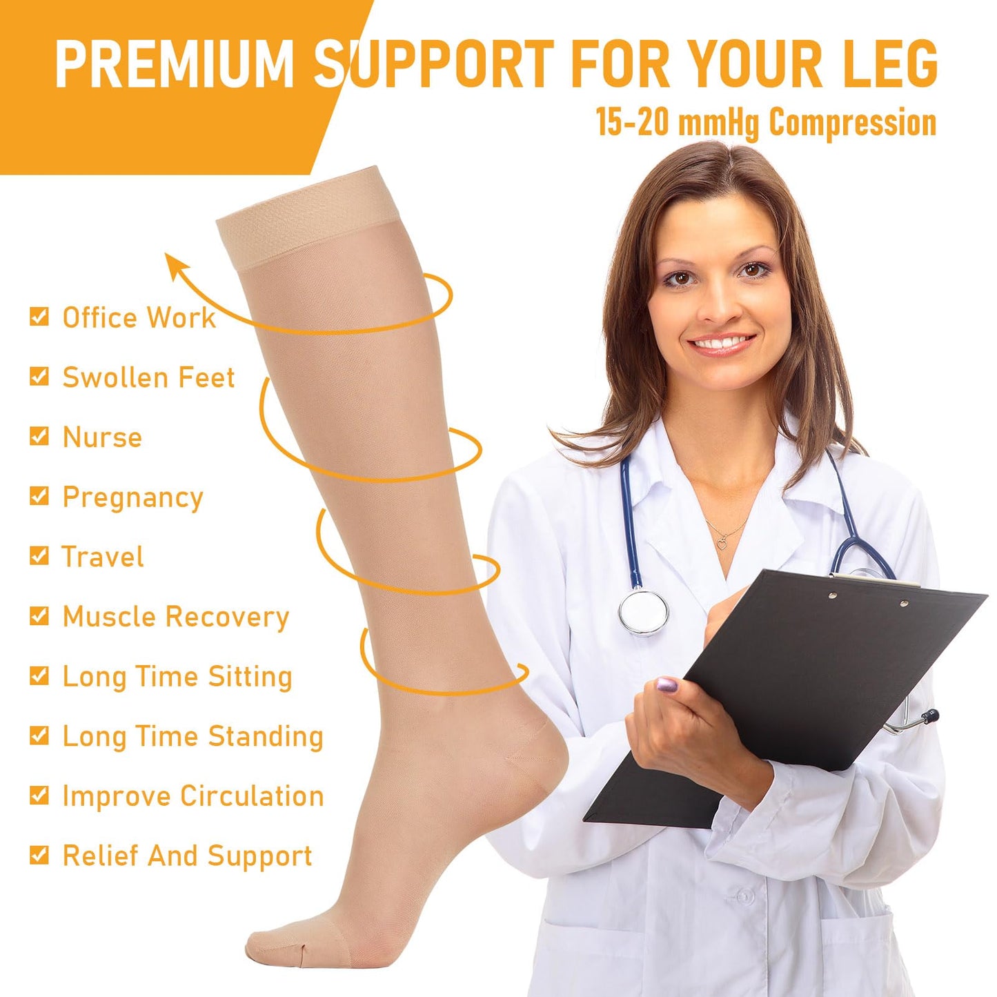 2 Pairs Sheer Compression Socks for Women - 15-20 mmHg Knee High Sheer Compression Stockings for Support Circulation Swelling Edema Work Office Travel, Beige, Medium