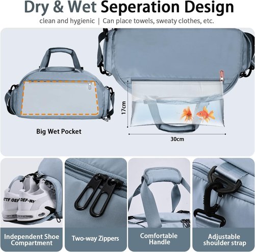 FIORETTO 30L Sports Gym Duffle Bag - Wet Pocket & Shoe Compartment | Versatile Weekender Bag for Women