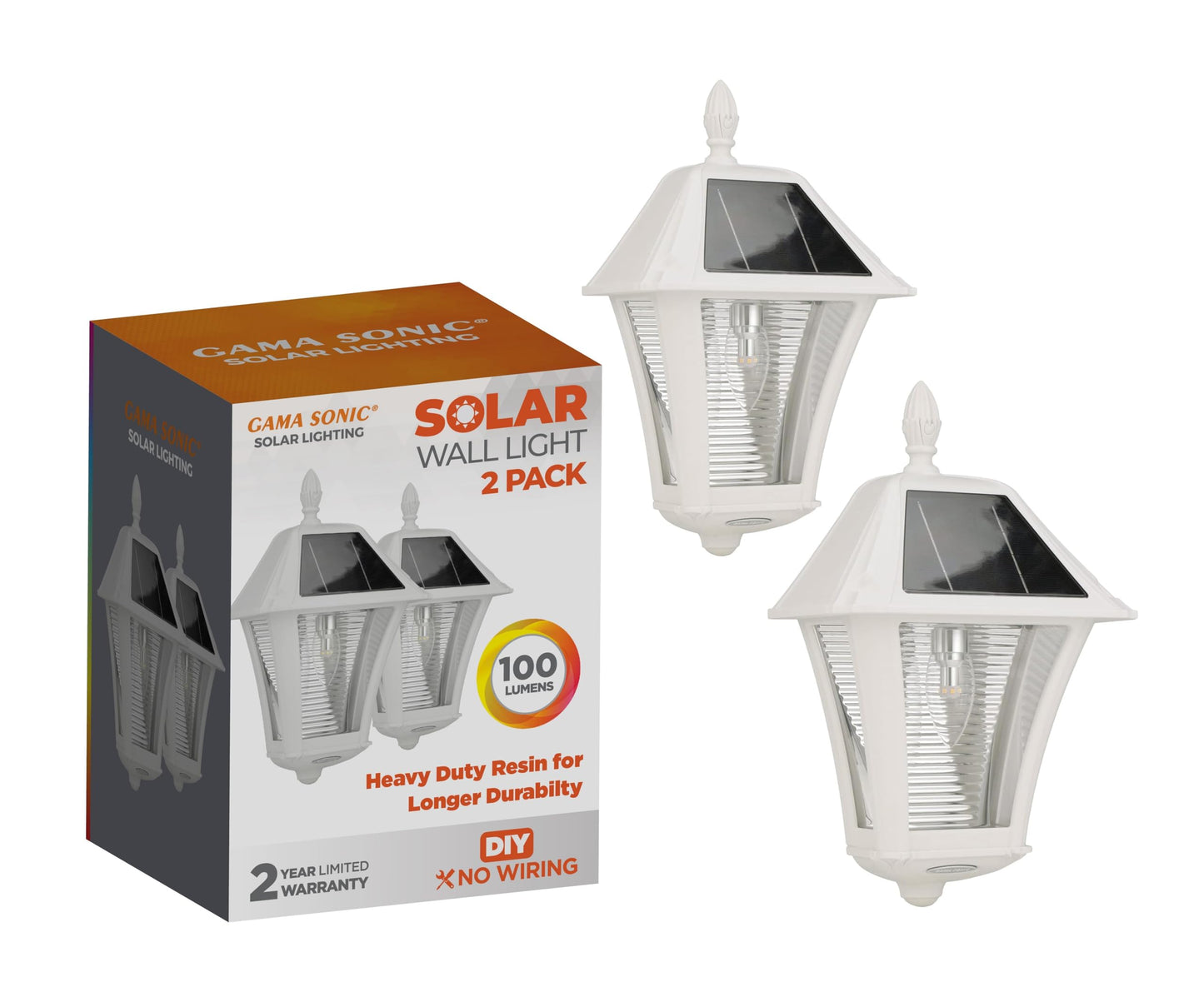 Gama Sonic 2-Pack Baytown II Bulb Solar Outdoor Wall Light Sconce, Warm-White LED Bulb Lamp, White Resin Finish, Classic Traditional Style, for Walkways, Pathway, Columns, Sheds, Piers (105BP250240)