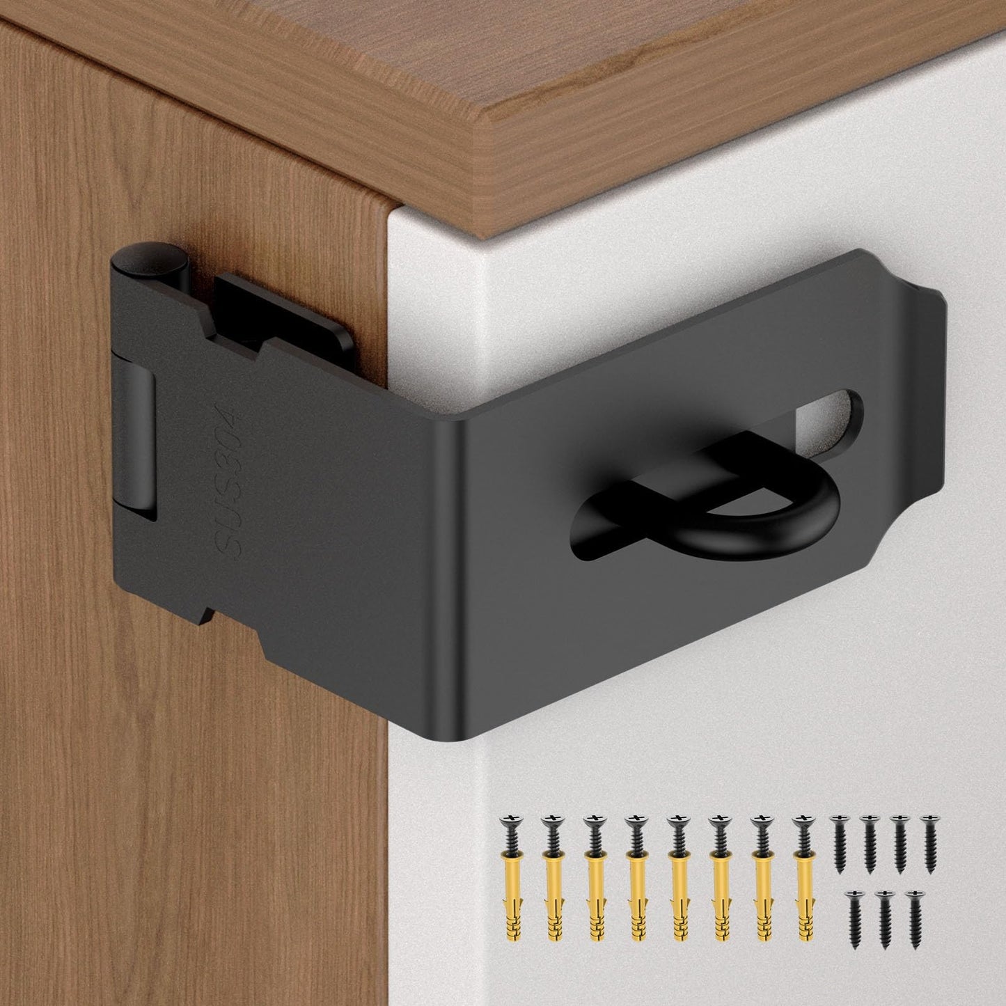 YogePote 90 Degree Hasp Latch, Heavy Duty 304 Stainless Steel Padlock Hasp Lock for Right Angle File Cabinet, Desk Drawer, Tool Box, Mailbox, Bookcase (Black-1pc)