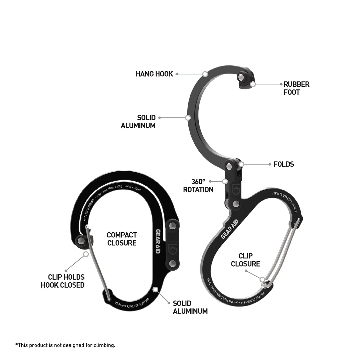 GEAR AID HEROCLIP Carabiner Clip and Hook (Large) for Camping, Backpack, Organization, and Garage, Black and Blue