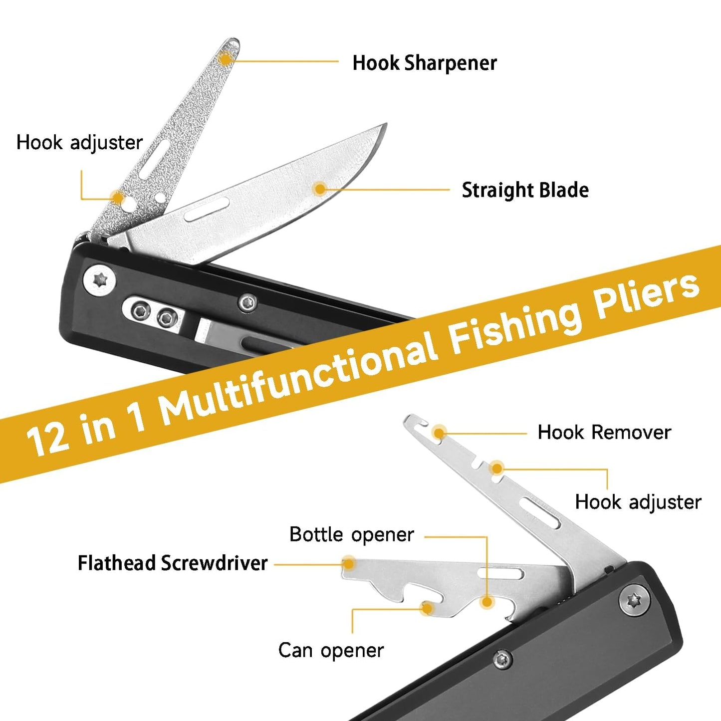 QDX 12-in-1 Folding Fishing Pliers, Compact Saltwater Fishing Tool with Braid Cutter, Hook Remover, Split Ring Opener, Stainless Steel Fishing Gear Gift for Men