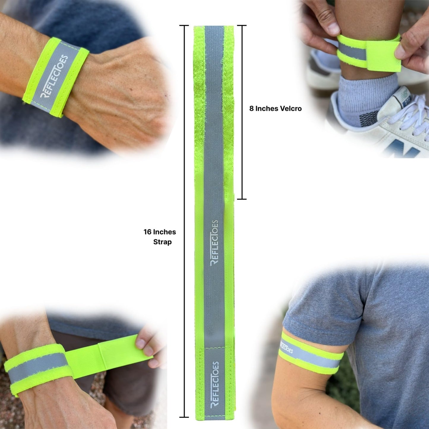 ReflecToes Reflective Safety Bands (Pack of 2), Adjustable 5-16 in for Wrist, Arm, Ankle or Leg - Fluorescent Day Visibility + 360° Retroreflective Night Safety for Running, Walking, Cycling
