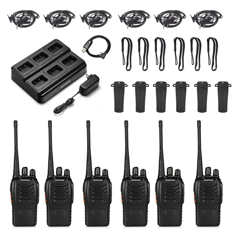6pcs BAOFENG BF-888S Walkie Talkie for Adults, Long Range Two Way Radio, 1500mAh 16 CH, 6 Radios 6 Earpieces 1 Six-way Charger 1 Cable