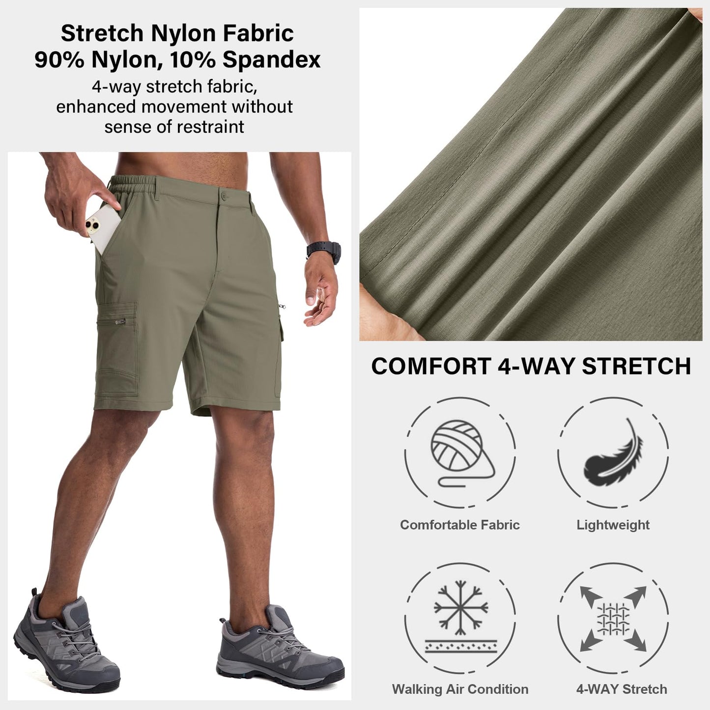 Jessie Kidden Mens Outdoor Casual Expandable Waist Lightweight Water Resistant Quick Dry Fishing Hiking Shorts (Light Green, 30)