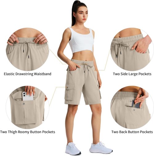 Hugut Women's Hiking Cargo Shorts - Quick Dry, Lightweight Summer Shorts with 6 Pockets | Ideal for Camping & Travel