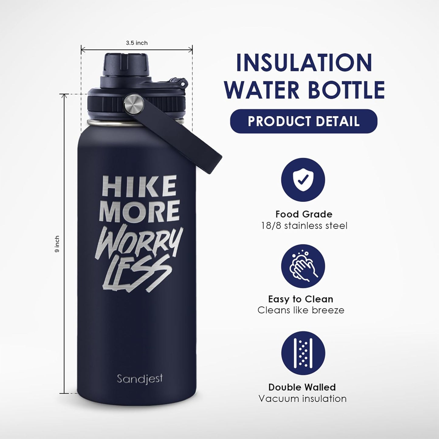 SANDJEST Insulated Stainless Steel Water Bottle - 32oz Vacuum Chug Lid for Hiking | Perfect Gift for Outdoor Enthusiasts