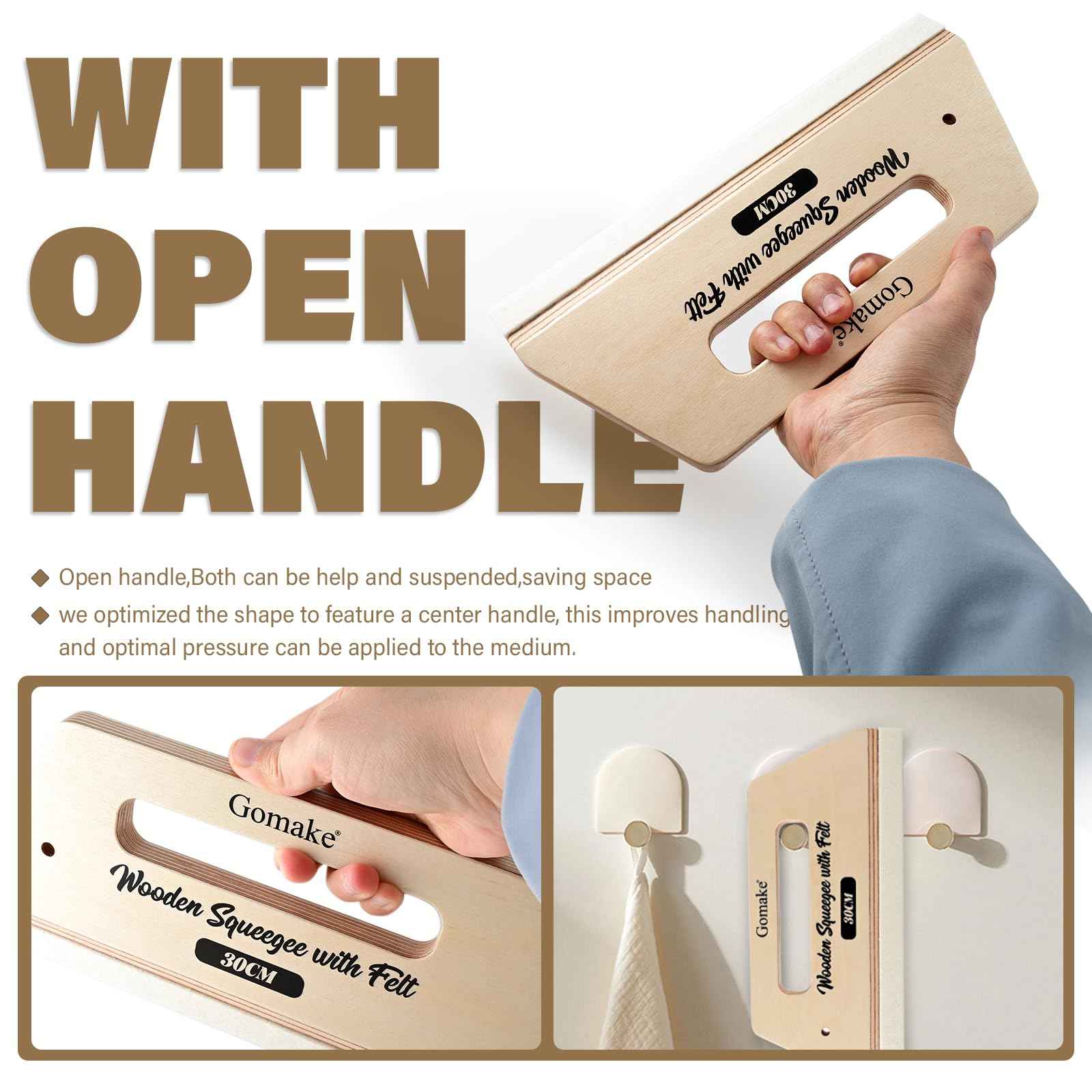 Gomake Wallpaper Smoothing Tool Large Wooden Squeegee with Felt for Large Film Application,Floor Graphics Installing,Doors and Windows Decal Applications