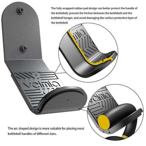 veimia Kettle Bell Wall Rack (2-Pack), Wall Mounted Kettlebell Storage Hanger, Gym Storage Mount for Many Size Kettlebell, Kettlebell Rack with Rubber Mat for Home or Commercial Gyms.