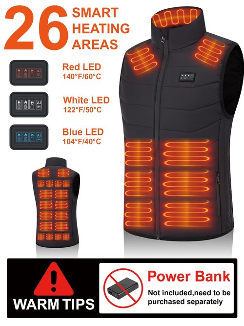 Heated Vest, No Battery Pack, Dual Power 5V 2A USB Port & 7.4V DC, 4 Switch Controls, Lightweight Breathable Windproof Polyester for Men Women, Cycling