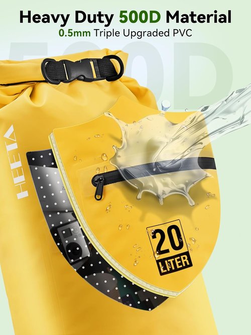 HEETA Waterproof Dry Bag - Lightweight Roll Top Storage with Front Zipper Pocket | 5L/10L/20L/30L/40L for Travel, Kayaking & Camping