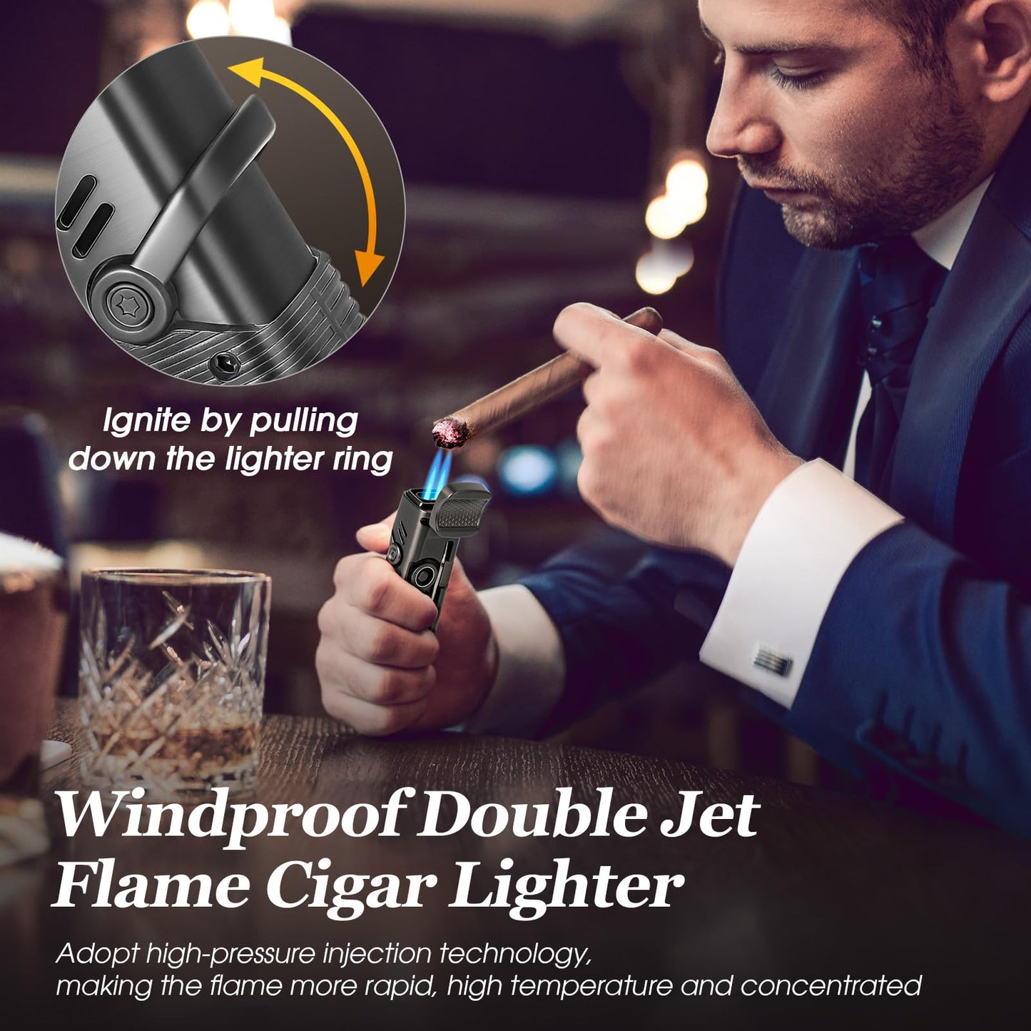 Tesonway Cigar Lighter 2 Pack, Windproof Refillable Butane Torch Lighter, Multifunction Cigar Accessories Butane Lighter with Cigar Holder, Cigar Draw Enhancer and Cigar Punch, Butane Not Included